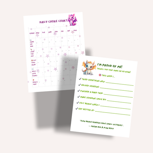 Kids Daily Planner – Printable 20-Page Dragon themed Set (+9 Bonus Dragon Coloring Pages!)