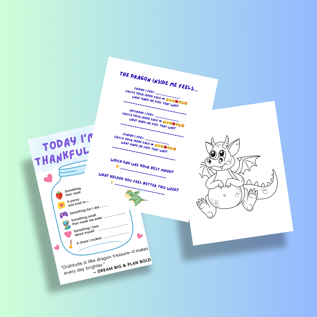 Kids Daily Planner – Printable 20-Page Dragon themed Set (+9 Bonus Dragon Coloring Pages!)